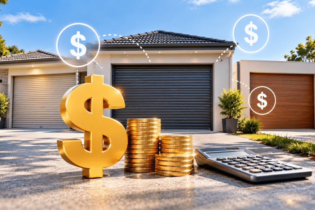 Garage Door with money signs in front of it